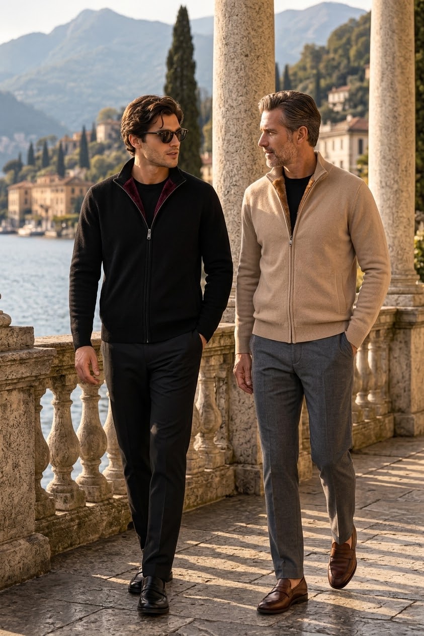 Two men wearing the Luxury Knit Zip-Up Sweater in black and camel, walking along a lakeside terrace in Italy
